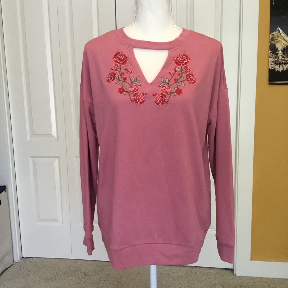 Rose embroidered V neck
